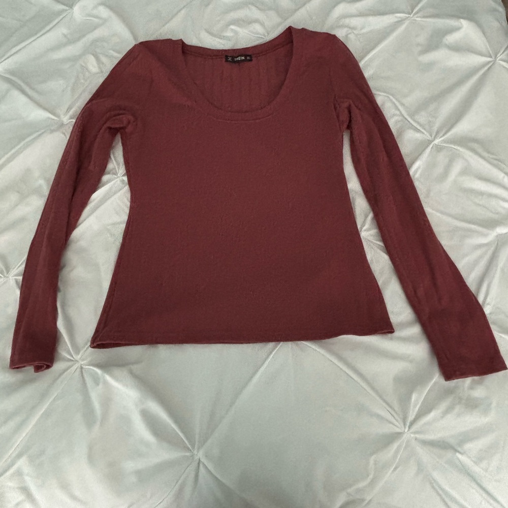 SHEIN Maroon Long Sleeve Rib Knit Top
